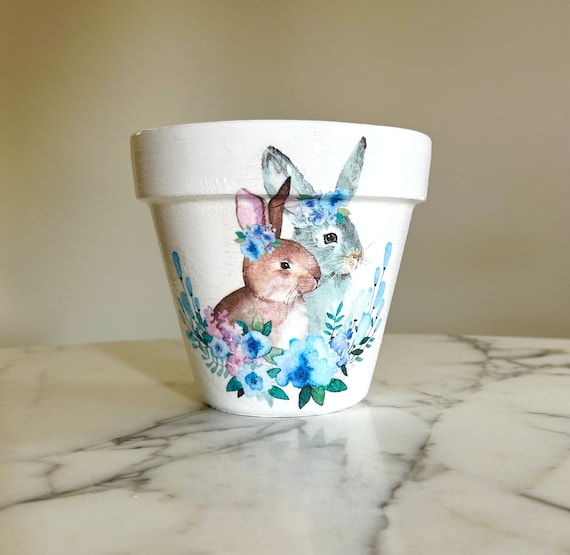 Decoupage Bunny Planter: Clay Pot, Spring Decor, Rabbit Gifts - Etsy