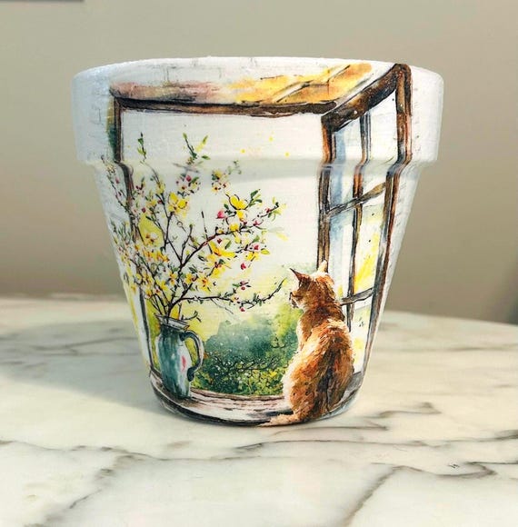 デコパージュ猫型植木鉢：手描き粘土製、窓辺用デザイン - Etsy 日本
