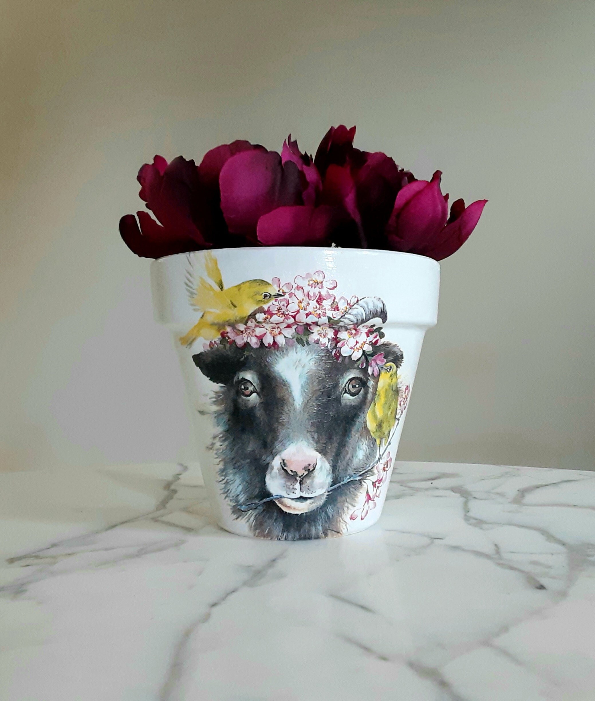 Decoupage Goat Plant Pot: Clay Animal Planter (6-inch), Goat Gifts