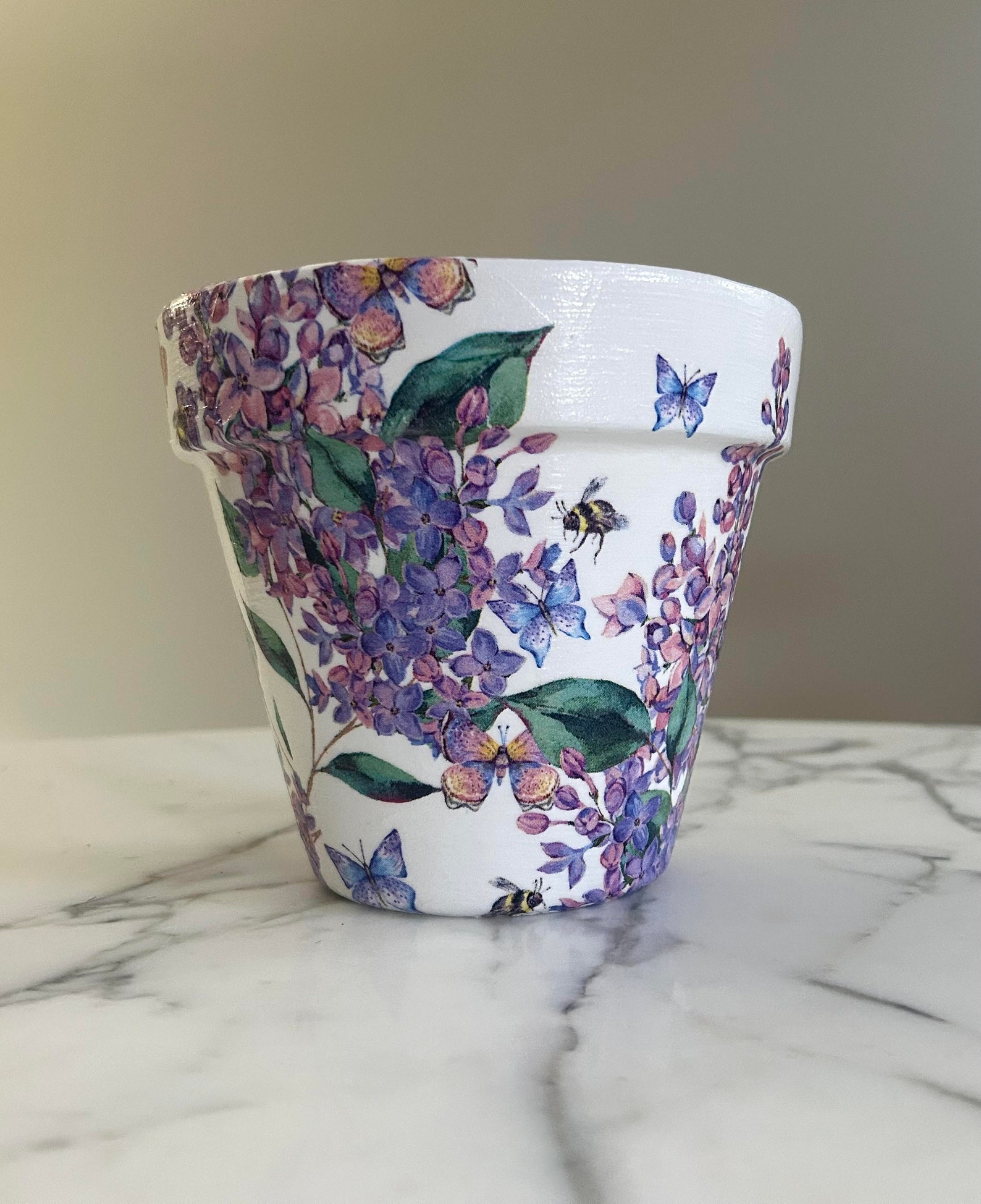 Decoupage Lilac Planter: Bee & Butterfly Design, Purple Home Decor