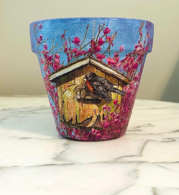 Decoupage Rotkehlchen Tontopf: Vogelhaus-Übertopf, 15cm