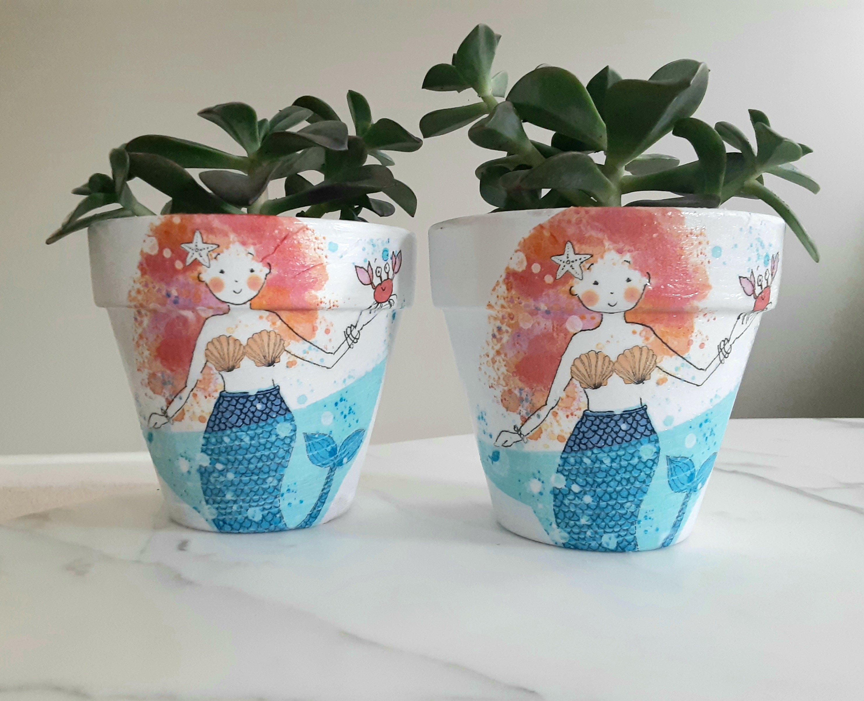Set of 2Mermaid Decoupaged clay pots4.5 inch Clay pot Clay Etsy