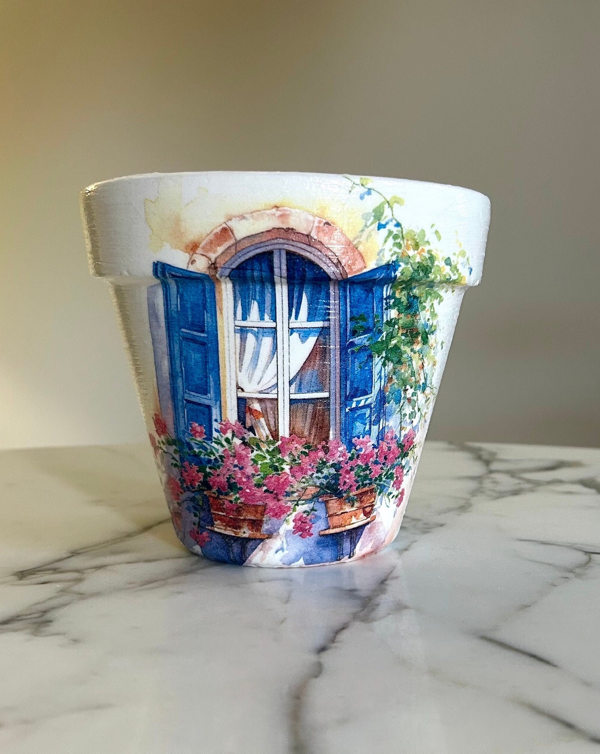 Vaso per fiori decoupage: scena di finestra toscana, fioriera da interno, vasi per piante, fioriere