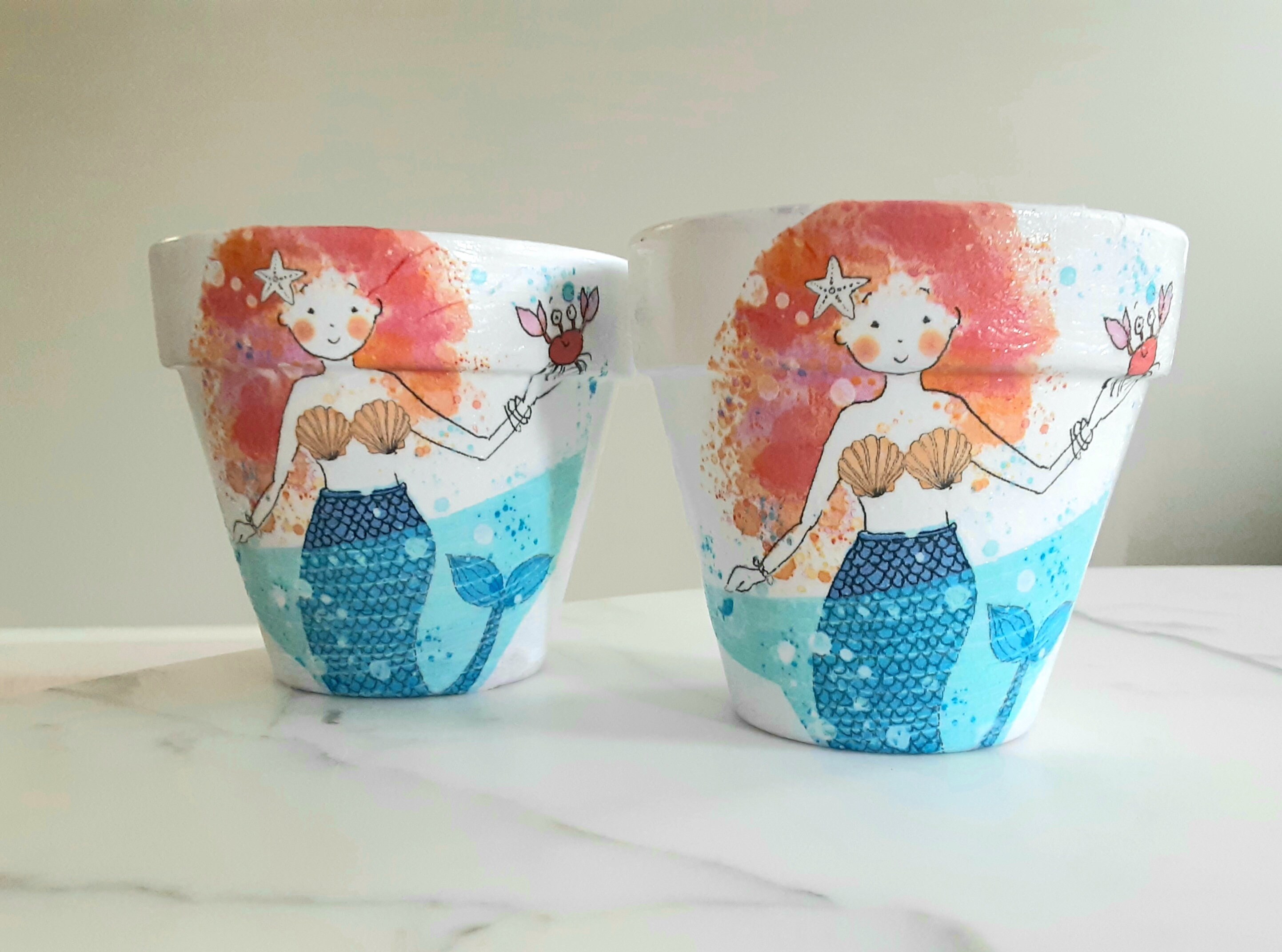 Set of 2Mermaid Decoupaged clay pots4.5 inch Clay pot Clay Etsy