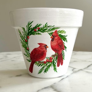 Cardinal Pflanzgefäß, Cardinal Geschenke, Erinnerungsgeschenke, Weihnachtspflanzen, Winter Deko, Pflanzgefäße, Decoupage Blumentöpfe