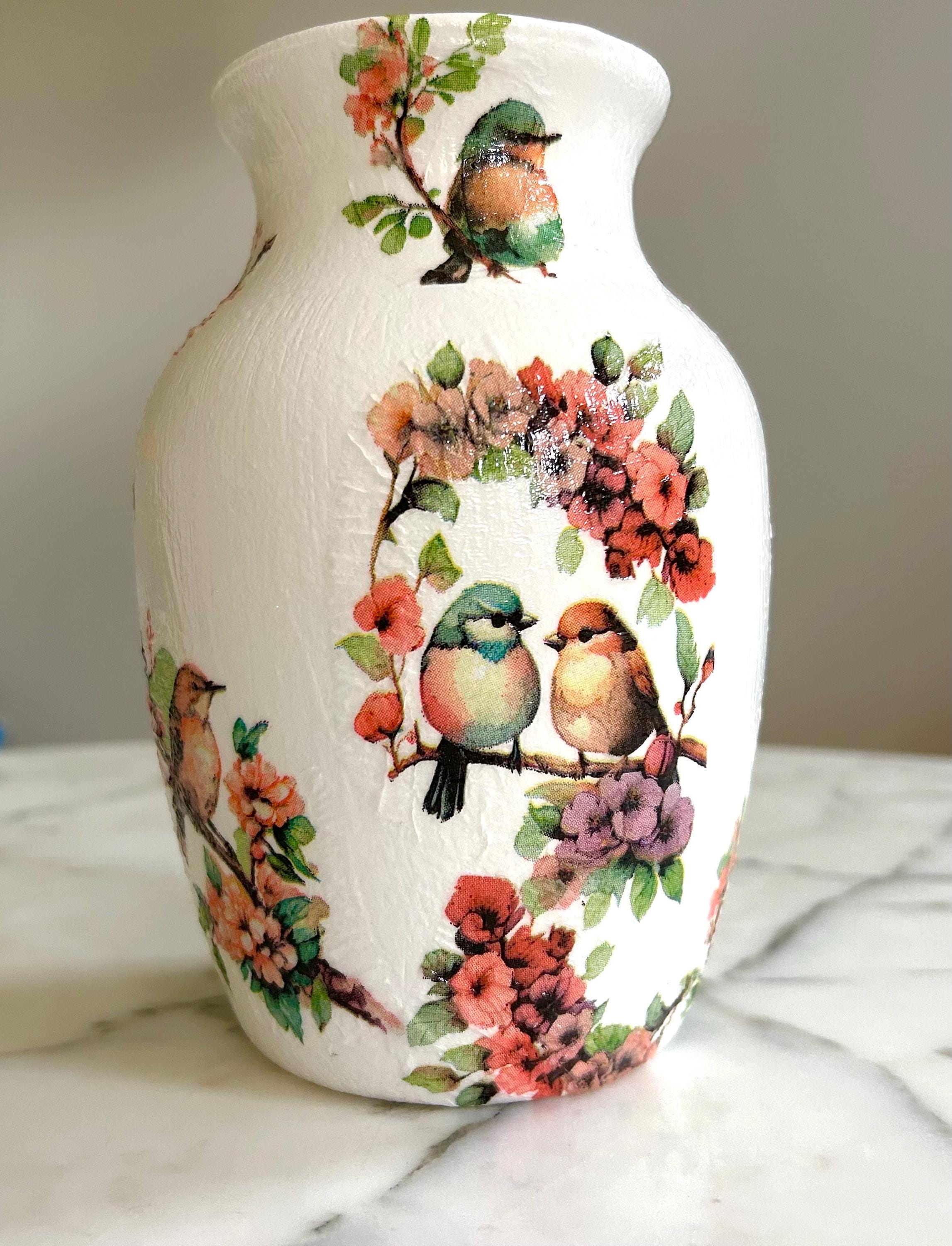 デコパージュの鳥の花瓶：手描きの花のガラスの花瓶 - Etsy 日本