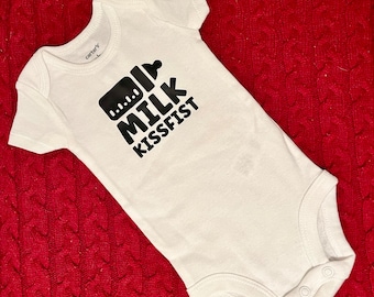 Milk Kissfist Baby Bottle One Piece Shirt Bodysuit | "I Love Milk" in ASL | ASL Gift for Baby | ASL Slangs for Babies