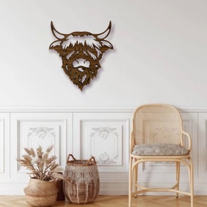 Highland Cow Large Walnut Wall Plaque - Scottish Wooden Countryside Home Decor