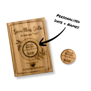 Personalised Save The Date Round Magnet with Card , Wedding Invitation, Wood Save The Date Magnet