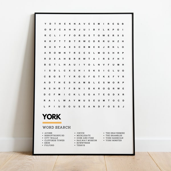 York Print Wordsearch Art Wallart Poster A4 A3 Gift | Cliffords Tower Ebor Fulford Jorvik Shambles Minster