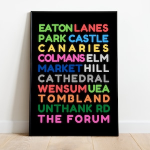 Norwich Norfolk Coloured Block Text Poster Art Print | Eaton UEA Unthank Road Market Cathedral Elm Hill Canaries Colmans Tombland