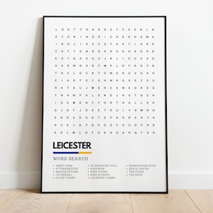 Leicester Print Leicestershire Wordsearch Art Wallart Poster A4 A3 | Leicester City King Power Foxes Space Centre Abbey Park