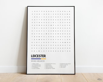 Leicester Print Leicestershire Wordsearch Art Wallart Poster A4 A3 | Leicester City King Power Foxes Space Centre Abbey Park