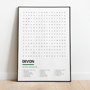 Devon Wordsearch Art Wallart Print Poster A4 A3 | Clotted Cream Dartmoor Exmouth Exeter Ilfracombe Jam On Top Plymouth