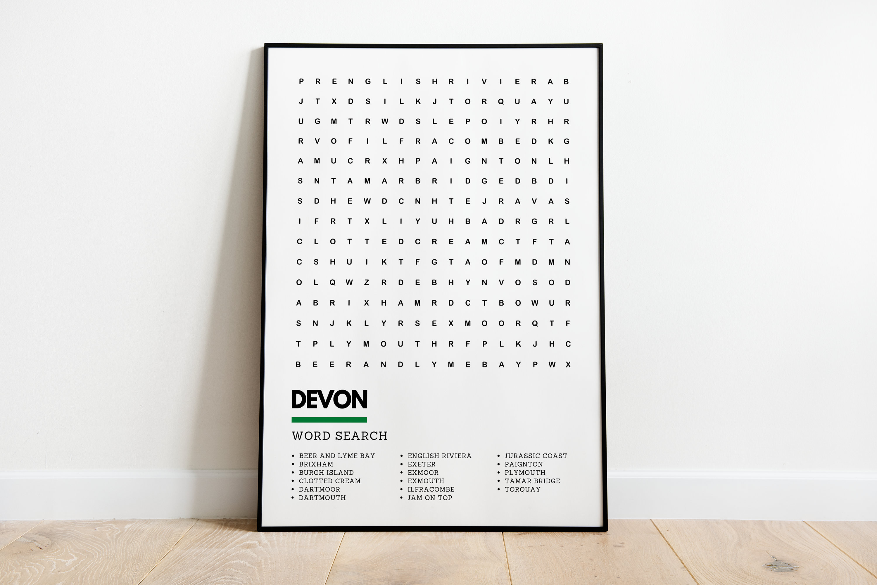 Devon Wordsearch Art Wallart Print Poster A4 A3 | Clotted Cream Dartmoor Exmouth Exeter Ilfracombe Jam On Top Plymouth