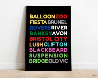 Bristol Coloured Block Text Poster Art Print | Balloon Fiesta Clifton Bridge Banksy Bristol City Rovers Brunel Gift