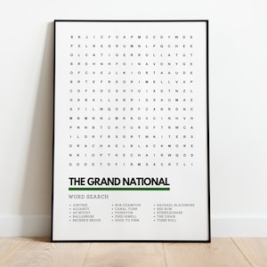 El gran cartel nacional de arte Wordsearch Print A4 A3 / Aintree Horse Racing Red Rum AP McCoy