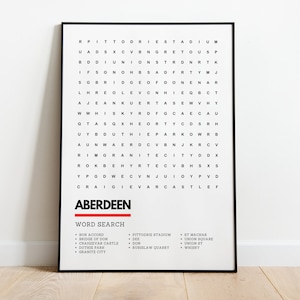 Aberdeen Scotland Wordsearch Style Quality Art Print Poster A4 A3 | Granite City, Pittodrie Stadium, Dee, Don, Duthie Park & More.