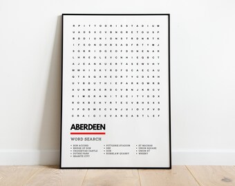 Aberdeen Scotland Wordsearch Style Quality Art Print Poster A4 A3 | Granite City, Pittodrie Stadium, Dee, Don, Duthie Park & More.