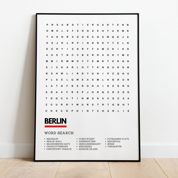 Berlin Deutschland Wordsearch Kunstdruck Poster A4 A3 | Reichstag Potsdamer Platz Brandenburger Tor Reisedruck