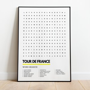 Tour de France Fietsen Art Poster Woordzoeker Print A4 A3 | Gele wielertrui Champs Elysees Sprint Grand Depart & meer