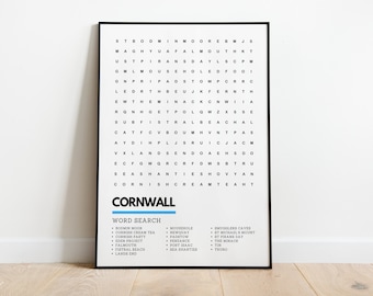 Cornwall Wordsearch Art Wallart Print Poster A4 A3 | Bodmin Moor Eden Project Newquay Penzance Lands End Truro Falmouth Minack