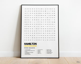 Hamilton Poster Musical Wordsearch Art Print Poster A4 A3 | Hamilton Prints Lin Manuel Miranda Alexander Hamilton Gift