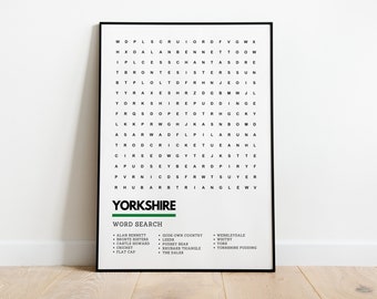Yorkshire Art Print Wordsearch Poster A4 A3 | Yorkshire Gift Yorkshire Pudding The Dales Leeds Rhubarb Triangle