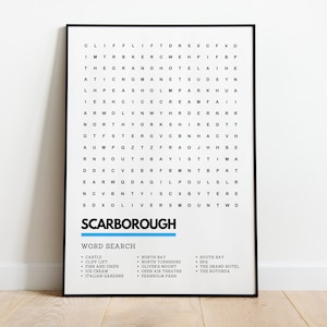 Scarborough North Yorkshire Wordsearch Kunstdruck Poster A4 A3 | Spa Cliff Lift South North Bay Open Air Theater Grand Hotel