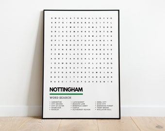 Nottingham Wordsearch Art Wallart Print Poster A4 A3 | Nottingham County Forest Sherwood Forest Trent Bridge Wollaton Hall Castle