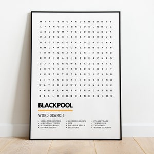Blackpool Sopa de letras Estilo Calidad Arte Imprimir Póster A4 A3 / Placer Playa Iluminaciones Muelle Torre Salón de baile Seasiders Mandarinas
