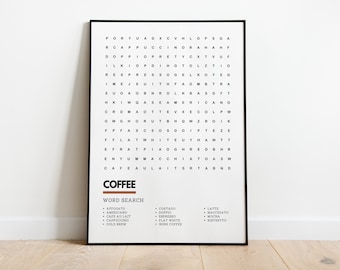 Coffee Poster Barista Kitchen Wall Art Print Wordsearch Poster A4 A3 | Types of Coffee Latte Flat White Cappuccino Mocha