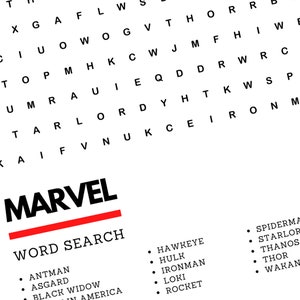 May include: A word search puzzle featuring characters and locations from the Marvel universe. The word "MARVEL" is highlighted in red at the top of the puzzle. The puzzle includes words like "Antman", "Asgard", "Black Widow", "Hawkeye", "Hulk", "Ironman", "Loki", "Rocket", "Spiderman", "Starlord", "Thanos", "Thor", and "Wakanda".