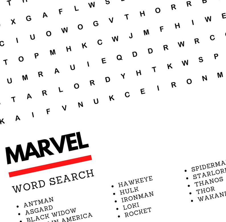 May include: A word search puzzle featuring characters and locations from the Marvel universe. The word "MARVEL" is highlighted in red at the top of the puzzle. The puzzle includes words like "Antman", "Asgard", "Black Widow", "Hawkeye", "Hulk", "Ironman", "Loki", "Rocket", "Spiderman", "Starlord", "Thanos", "Thor", and "Wakanda".