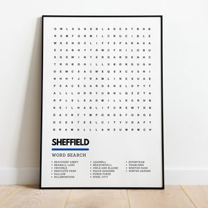 Sheffield Kunstdruck Wordsearch Kunstdruck Poster A4 A3 | South Yorkshire Sheffield Wednesday United Peace Gardens Steel City