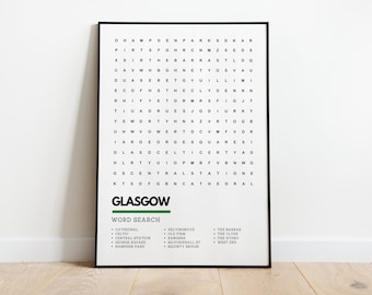 Glasgow Scotland Print Wordsearch Art Wallart Poster A4 A3 | Rangers Celtic Clyde Glasgow Gift