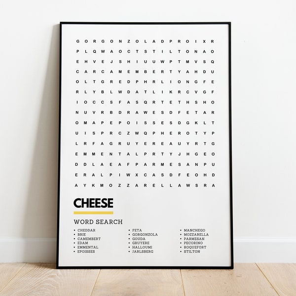 Cheese Kitchen Art Print Wordsearch Poster A4 A3 | Types de fromage Wallart Affiche de cuisine