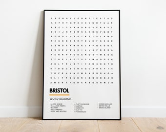 Bristol Print South West Wordsearch Art Print Poster A4 A3 | Clifton Bridge, Seven Hills, Balloon Fiesta, Banksy, Rovers City & More