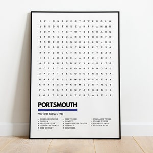 Portsmouth England Wordsearch Art Wallart Print Poster A4 A3 | Fratton Park Pompey Gunwharf Quays Portsea HMS Victory Southsea