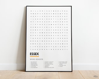 Essex Wordsearch Art Print Poster A4 A3 | Chelmsford Colchester Tiptree Jam Epping Forest Towie