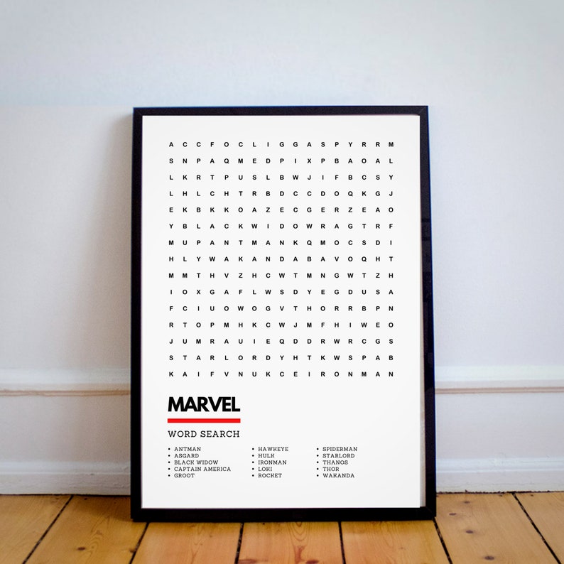 May include: A black and white word search puzzle featuring Marvel characters. The puzzle includes words like "Antman", "Asgard", "Black Widow", "Captain America", "Groot", "Hawkeye", "Hulk", "Ironman", "Loki", "Rocket", "Spiderman", "Starlord", "Thanos", "Thor", and "Wakanda".