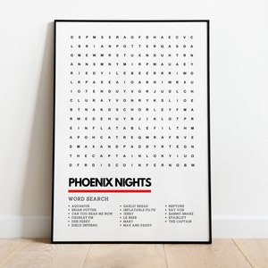 May include: A black and white word search puzzle with the title "Phoenix Nights". The puzzle features a grid of letters with words related to the theme hidden within. The words are listed below the puzzle.