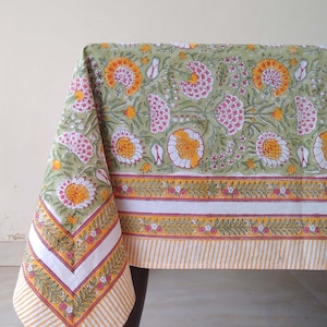 Nappe verte sauge, orange et rose en tissu de coton imprimé floral indien bloc, nappe, nappe, napperon de Noël