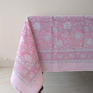 Pink Floral Table Cloth, Block Print Table Cover, Handmade Table Linen, Tablecloth Napkin Set, Rectangle Table Cloth, Indian Tablecloth
