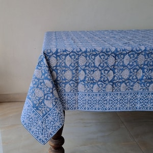 Blue Block Print Table Cover, Indian Handmade Table Cloth, Cotton Table Linen, Dinning Tablecloth, Wedding Table Cloth, Housewarming Gift