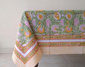 Floral Table Cloth, Indian Hand Block Print Table Cover, Cotton Table Linen, Dinning Tablecloth, Wedding Table Cloth, Housewarming Gift