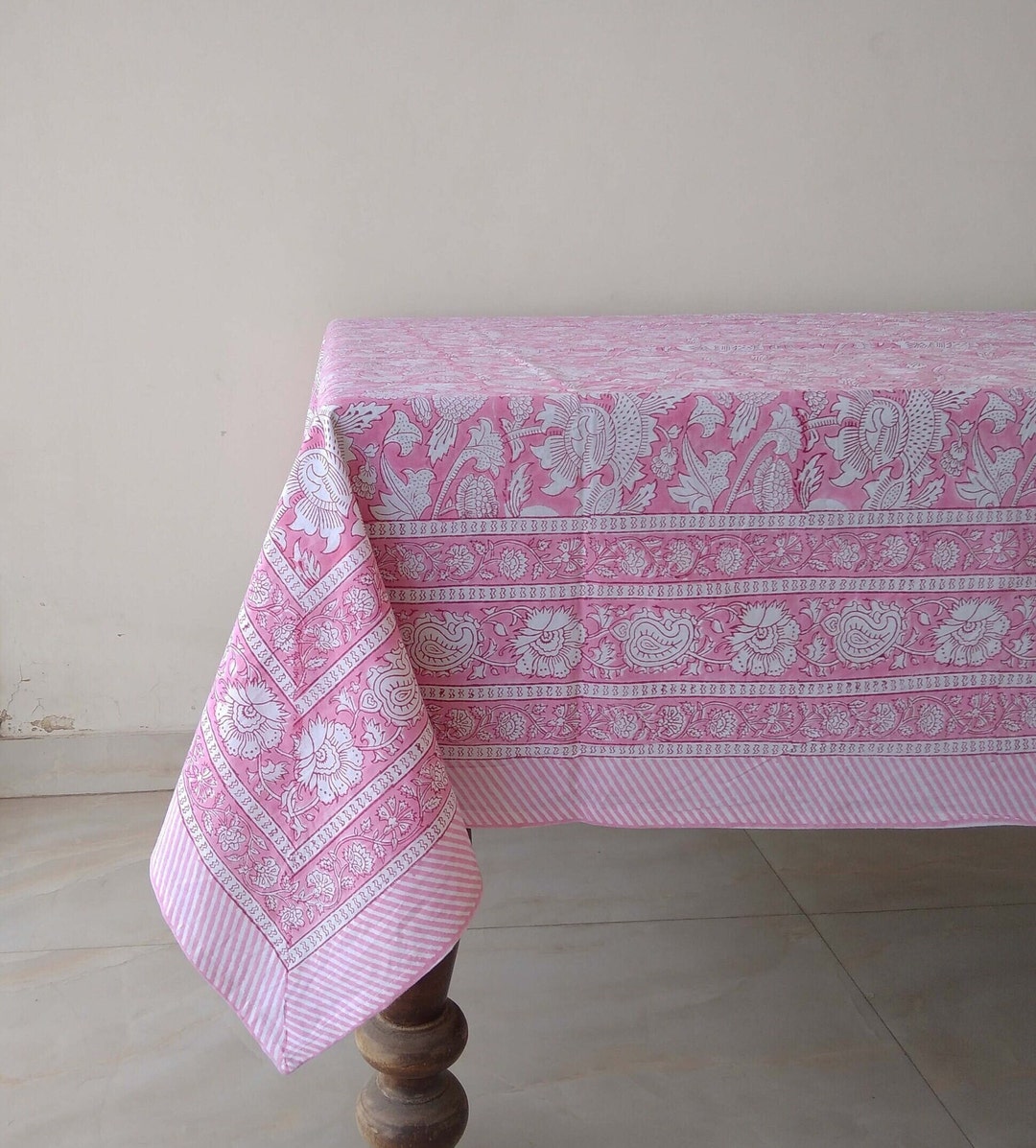 Pink Tablecloth Pattern Pink Floral Table Cloth, Block Print Table Cover, Cotton Table Linen ...