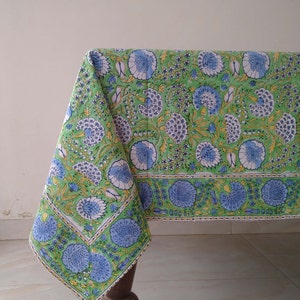 Green Floral Table Cloth, Indian Block Print Table Cover, Cotton Table Linen, French Table Cloth, Wedding Christmas Party Tablecloth