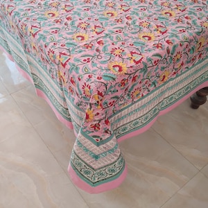 Indian Block Print Tablecloth, Floral Cotton Table Cover, Handmade Table Linen, Dinning Tablecloth, Pink Table Cloth, Party Table Cover