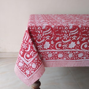 Red Christmas Tablecloth, Indian Block Print Table Cover, Floral Table Cloth, Cotton Table Linen, Elegant Table Decor, Housewarming Gift